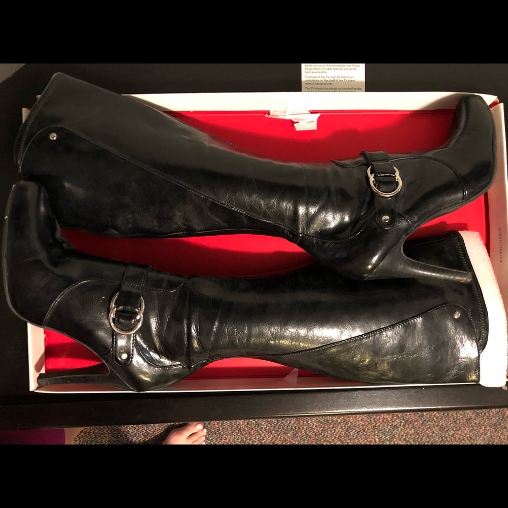 Black faux leather knee high heel boots